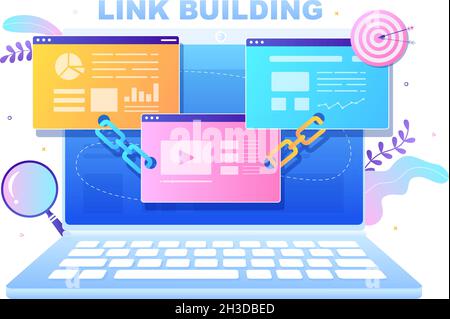 SEO Link Building as Search Engine Optimization, Marketing and Digital for Home Page Development or Mobile Applications Vector Illustration Stock Vector
