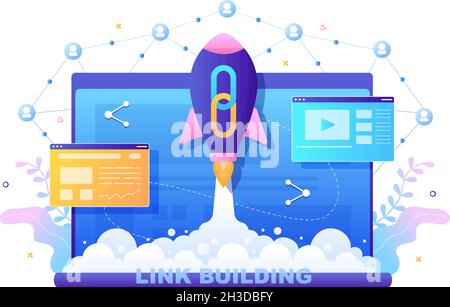 SEO Link Building as Search Engine Optimization, Marketing and Digital for Home Page Development or Mobile Applications Vector Illustration Stock Vector