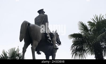 Backside of sculpture of Ataturk founder of Turkish Republic in center of Bursa (heykel) during rainy and overcast weather and sculpture covered tree Stock Photo