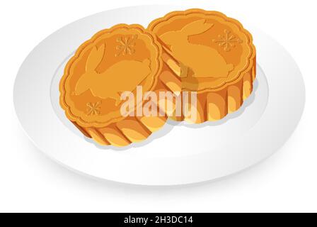 Rabbit mooncakes on white plate illustration Stock Vector