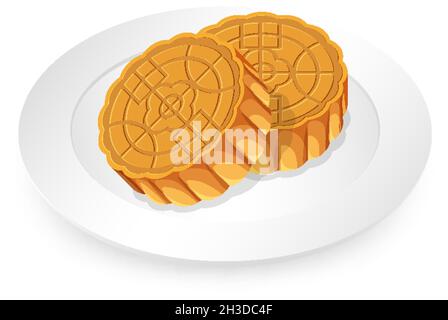 Mooncakes on white plate on white background illustration Stock Vector