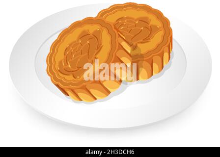Lotus mooncakes on white plate illustration Stock Vector