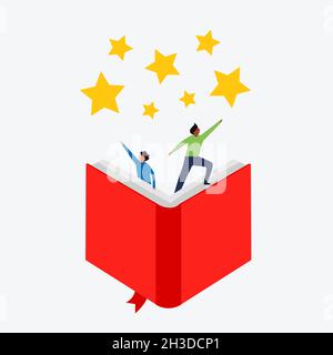 Knowledge is the path to success and freedom. Man at the top of the book, reaching out to the stars Stock Vector