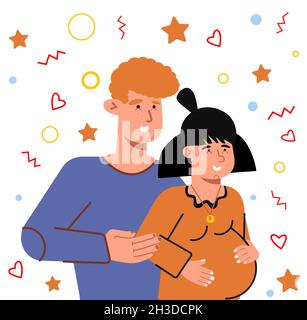 Happy married couple waiting for a child. A man hugs a pregnant woman. Husband and wife. Pregnancy. Vector illustration in flat style Stock Vector