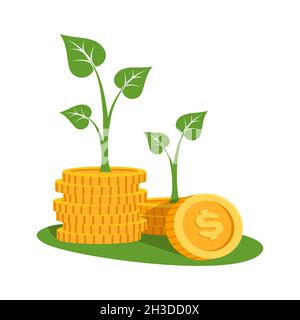 Financial investments or money savings concept with stacks of coins with plants growing up. Flat filled outline style icon. Pixel perfect. Editable st Stock Vector