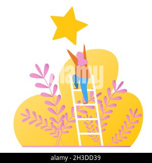 Business woman climbing stairs in the sky. Ladder of success and career ambitions conceptual. Striving for stars, success. Vector illustration. Stock Vector