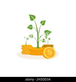 Financial investments or money savings concept with stacks of coins with plants growing up. Flat filled outline style icon. Pixel perfect. Editable st Stock Vector