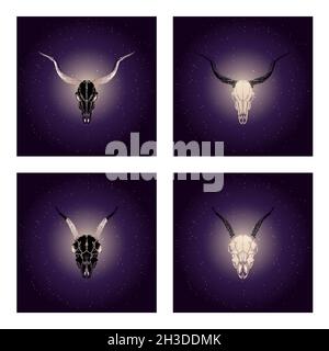 Vector set of four illustrations with hand drawn black skulls antelope and goat with gold elements against the background of the starry sky. In purple Stock Vector
