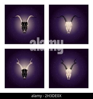 Vector set of four illustrations with hand drawn black skulls antelope and goat with gold elements against the background of the starry sky. In purple Stock Vector
