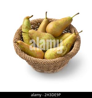 Basket with fresh ripe Conference pears close up isolated on white background Stock Photo