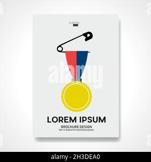 Gold medal hanging with a safety pin. Concept of honor and courage. Retro vector background and illustration. Abstract design template for brochures, Stock Vector