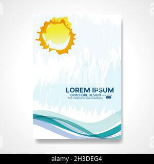 Sun and wavy sea. Drawing done with pen. Retro vector summer background and illustration. Abstract design template for brochures, flyers, magazine, bu Stock Vector