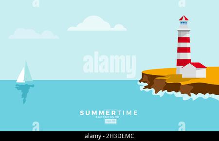 colored Lighthouse on cliff. Design template for Brochure, Flyer or Depliant for business purposes. Vector summer background Stock Vector