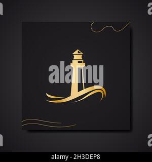 Vector logo lighthouse. Luxury greeting card. Invitation template, gold on black background Stock Vector