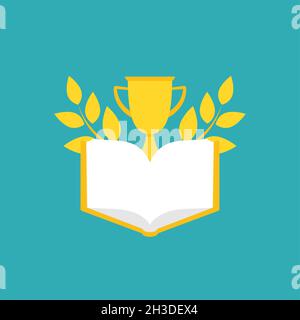 Open golden book with laurel and gold trophy or winning cup. Isolated on powder blue background. Flat reading icon. Vector illustration. Education log Stock Vector