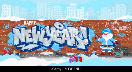 Cartoon Funny Hiphop Santa Claus Spraying Graffity Happy New Year Vector Illustration Art Stock Vector