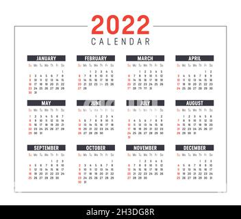 Year 2022 calendar, isolated on white background. Vector template. Stock Vector