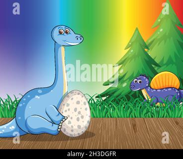 Cartoon dinosaur on rainbow gradient background illustration Stock Vector