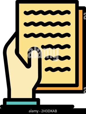 Handwritten sheets in hand icon. Outline handwritten sheets in hand vector icon color flat isolated Stock Vector