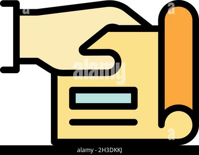 Document in hand icon. Outline document in hand vector icon color flat isolated Stock Vector