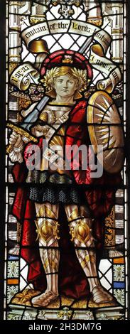 Stained glass window by Percy Bacon depicting Courage, St Pega's Church, Peakirk, Northamptonshire Stock Photo
