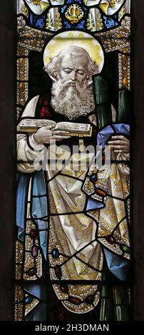 Stained glass window by Percy Bacon & Brothers depicting Saint Andrew, St Andrew's Church, Denton, Lincolnshire Stock Photo