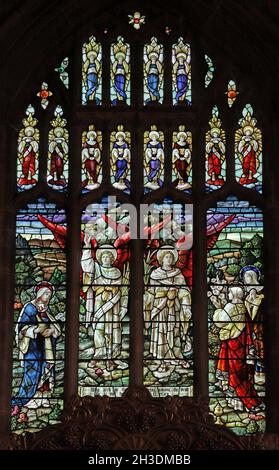 A stained glass window by Percy Bacon depicting the Tree Maries at the Empty Tomb, St Andrew's Church, Denton, Lincolnshire Stock Photo