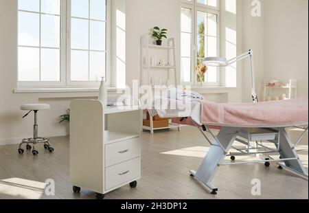 Empty cosmetologist's office with equipment in clinic of dermatology and cosmetology. Stock Photo