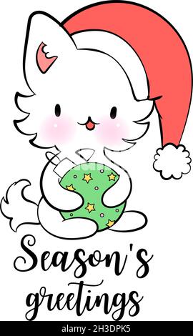 Christmas kawaii Cat with toy. Season greetings. Vector sticker for messenger Stock Vector