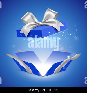 Unfolded blue gift box with silver color ribbon and magical glitter light, shining from inside. Mysterious present box standing on blue gradient background. Holiday gift vector illustration. Stock Vector