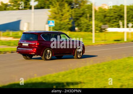 MOSCOW, RUSSIA - JUNE 20, 2021 Infiniti QX80 model year 2021 also called Infiniti QX56 in motiom. A full-size luxury SUV. Stock Photo