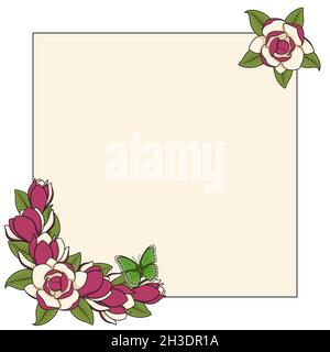 Frame with magnolia flowers and a butterfly. Isolated vector objects on a white background. Stock Vector