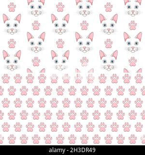 Set of seamless patterns with white cat face and paw prints. Colored vector backgrounds on a white background. Stock Vector