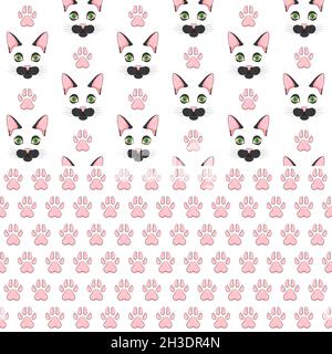 Set of seamless patterns with black cat face and paw prints. Colored vector backgrounds on a white background. Stock Vector