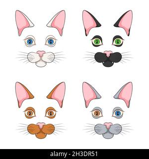 Set of color illustrations with cat faces, muzzle. Isolated vector objects on white background. Stock Vector