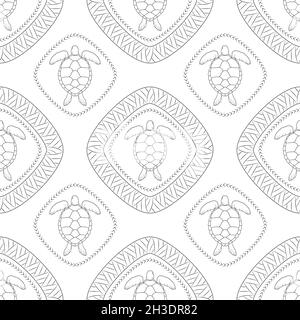 Seamless pattern with turtle and polynesian symbols. Vector illustration. Stock Vector