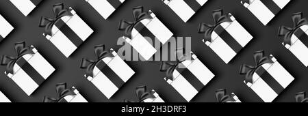 Lots of white gift boxes with black ribbons, lying down in a row on a horizontal background. Black Friday, premium style holiday shopping vector banner design with realistic present boxes. Stock Vector