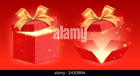 Vector set of open red gift boxes with a golden ribbon and magical glitter light, shining from inside. Mysterious present box standing on red gradient background. Stock Vector