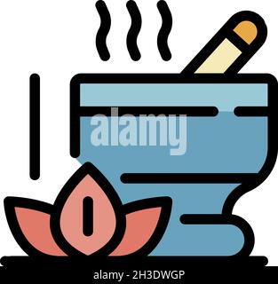 Lotus and bowl for grinding icon. Outline lotus and bowl for grinding vector icon thin line color flat isolated Stock Vector