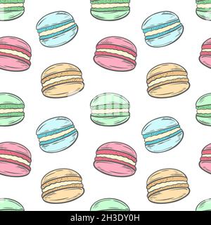 Macaroons on white background seamless pattern. Stock Vector