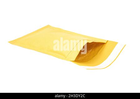 Close-up on an open padded envelope isolated on white background. Stock Photo