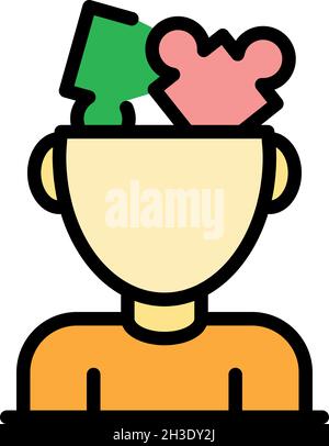 Puzzles in a human head icon. Outline puzzles in a human head vector icon color flat isolated Stock Vector