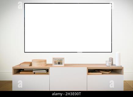 TV led mock up screen. Smart TV on a curbstone in an empty interior. High quality photo