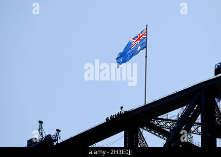 Australian flag on the Harbour Bridge in Sydney, Australia, Sydney Stock Photo