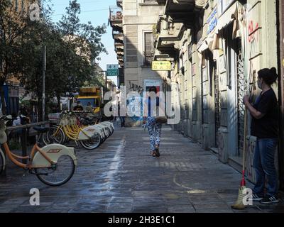 Shops freight transport by trolley in Chinatown Milan Italy Stock Photo