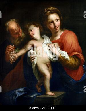 Bartolomeo Biscaino, holy family with grapes, 1650 Italy, Italian, Stock Photo