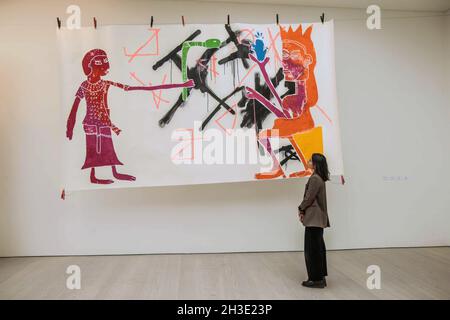 London UK 28 October 2021  The Thousand Year Kingdom by British Artist Cedar Lewisohn solo exhibition at Saatchi Gallery ,the main piece is Untitled (Mesopotamian & Egyptian Gods) hand pressed  woodcut on paper with spray paint and ink.Paul Quezada-Neiman/Alamy Live News Stock Photo