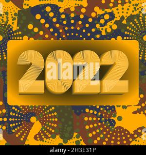 2022 Happy New Year. Seamless pattern of camouflage background. 3d dimensional 2022 numbers, thin lines striped style. Abstract cover design vector il Stock Vector