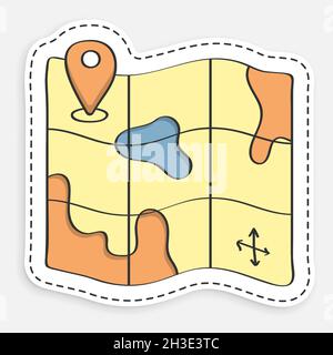 cartoon icon of doodle map with checkpoint mark. Navigation on paper map using GPS system. Vector isolated on white background Stock Vector