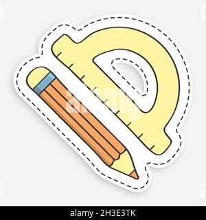 cartoon icon of doodle Pencil and school protractor, ruler for sketching in geometry lessons. Vector isolated on white background Stock Vector